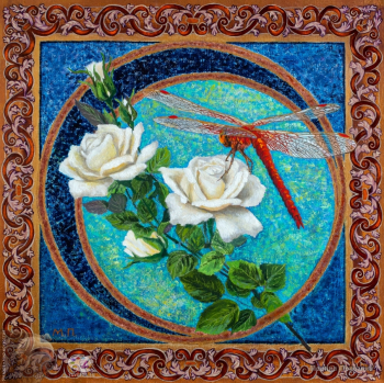 Порозина Марина Валерьевна. Стрекоза и розы. Холст, масло. 40х40. 2021. Собрание художницы.