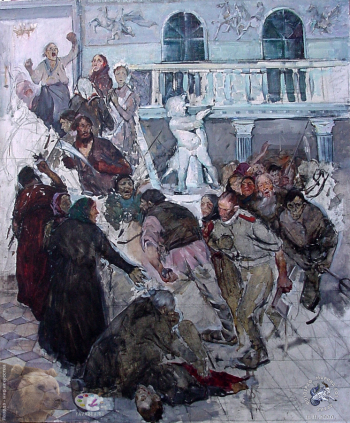 Королёва Розалия Ивановна. Погром. Холст, масло. 120х100. 1957. 5 курс. Частное собрание.
