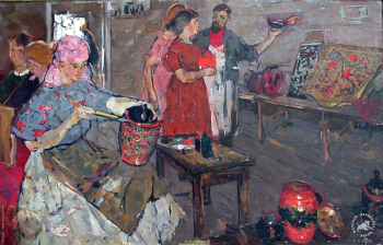 Королёва Розалия Ивановна. Хохломские мастера. Эскиз. Холст, масло. 78х125. 1957. Частное собрание.