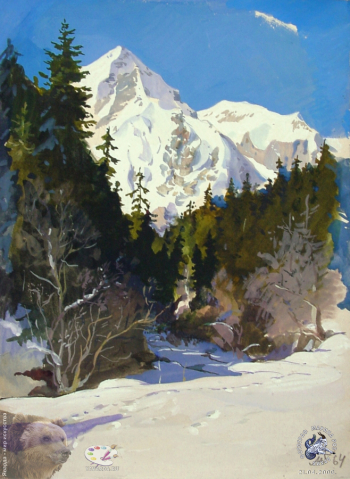 Мазурин Герман Алексеевич. В ущелье Алибек. Бумага, темпера. 40х30. 1964. Собрание семьи художника.