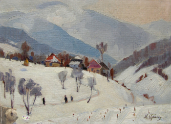 Прокопенко Николай Васильевич. Закарпатье зимой. Картон, масло. 25,5х35. 1980-е. Частное собрание.