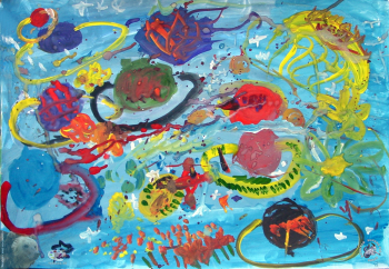 Стефаненко Варя. Весёлые планеты. Бумага, гуашь. 2001. Авторское собрание.