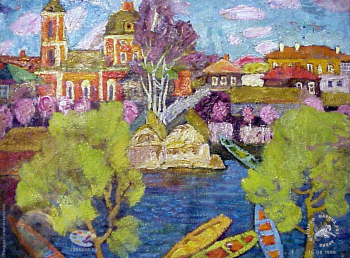 Куц Николай Константинович. Река, лодки, церковь. Холст, масло. 1990-е. Собрание семьи художника.