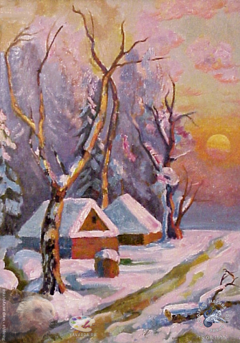 Куц Николай Константинович. Деревенька зимой. Холст, масло. 1990-е. Собрание семьи художника.
