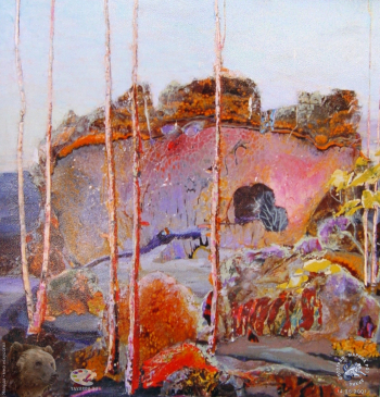 Симонов Вадим Гербович. Пейзаж. Оргалит, смешанная техника. 46х44. 1990-е. Собрание семьи художника.