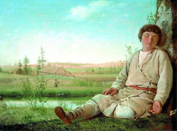 Венецианов Алексей Гаврилович. Спящий пастушок. Холст, масло. 27х36. 1823. Государственный Русский музей.