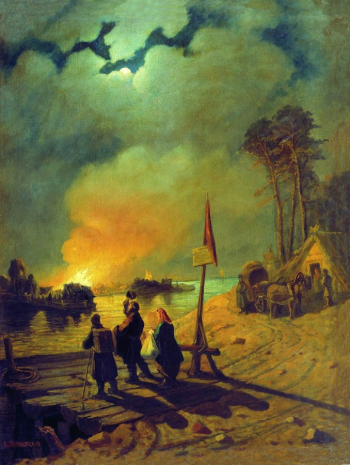 Соломаткин Леонид Иванович. Пожар в деревне. Сцена у парома (Пожар на Волге). Холст, масло. 92х70. 1870. Национальный художественный музей Республики Беларусь.