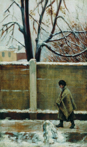 Соломаткин Леонид Иванович. У забора. Холст, масло. 32,5х20. 1879. Пермская государственная художественная галерея.