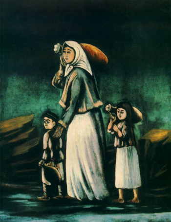 Нико Пиросмани. Женщина с детьми, идущая за водой. Клеёнка, масло. 92х111. 1900-е. Государственный музей искусств Грузии.