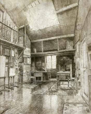 Энрике Алвим Корреа. Мастерская художника. Бумага, графит. 38х31. 1902. Национальный музей изящных искусств (Рио-де-Жанейро).