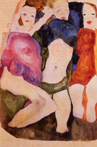 Эгон Шиле. Три девочки. Бумага, акварель. 1911. Частная коллекция.