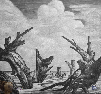 Выпускники станковой графики МГАХИ. Апин В.А. На берегу Волги. Линогравюра. 1984.