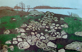 Выпускники станковой графики МГАХИ. Маланьина Е.С. Серия `У белого моря`. Цветная линогравюра. 1998.