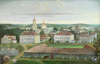 Выпускники станковой графики МГАХИ. Шабаев М.Б. Серия `Провинция`. Оргалит, темпера. 1995.