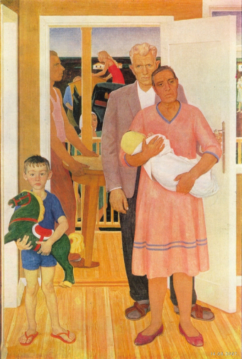 Дмитрий Жилинский. Живопись. Графика.. В новом доме. Правая часть триптиха `На новых землях`. Оргалит, левкас, темпера. 122х80. 1967.