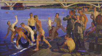 Дмитрий Жилинский. Живопись. Графика.. Купание солдат (Строители моста). Холст, масло. 1959.