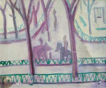Вера Баева. Арт Салон ЦДХ, 2013.. Две лошади на Патриарших прудах. Холст, масло. 50х60. 2001.