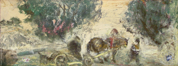 Романтический пейзаж конца XX века. Возница. Холст, масло. 39х100. 1999.