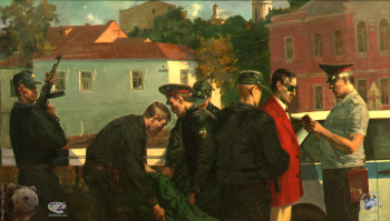 Олег Леонов. 200-лет МВД.. Чрезвычайное происшествие. Холст, масло. 160х100. 1996.