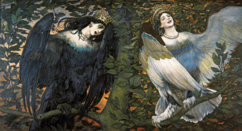 Васнецов Виктор Михайлович. Сирин и Алконост. Песнь радости и печали. Холст, масло. 133х250. 1896. Государственная Третьяковская галерея.