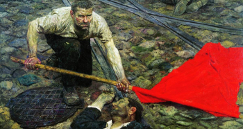 Коржев (Чувелёв) Гелий Михайлович. Поднимающий знамя. Холст, масло. 156х290. 1957-1960. Государственный Русский музей.