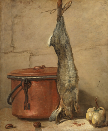 Жан Батист Симеон Шарден. Кролик с медной кастрюлей. Холст, масло. 69х56. Около 1738 года. Национальный музей Швеции.