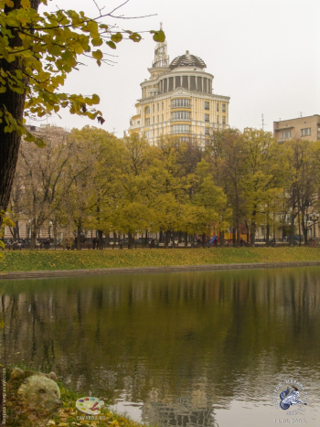 Патриаршие пруды осенью 2003 года. Поверхность пруда и отражения. Фото 14.10.2003.