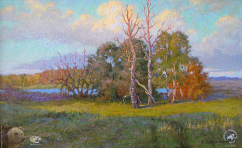 Кирсанов Николай Алексеевич. На Рузском водохранилище. Оргалит, масло. 42х67. 1980. Частное собрание.