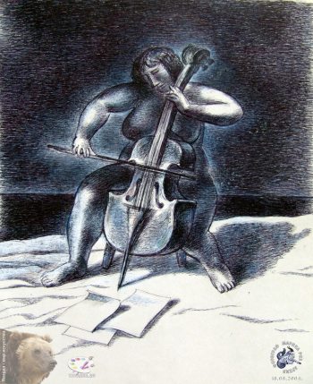 Лопатников Алексей Николаевич. Виолончелистка у моря. Бумага, смешанная техника. 30х25. 2004. Авторское собрание.