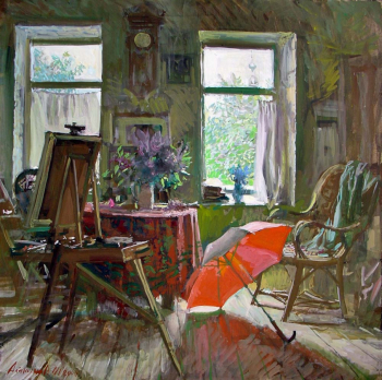 Абакумов Михаил Георгиевич. Дождливый май. Оргалит, темпера. 75х78. 2004. Частное собрание.
