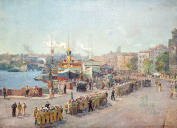 Ионин Николай Александрович. Набережная Лейтенанта Шмидта. Корабли. Холст, масло. 74х99,5. 1947. Частное собрание.