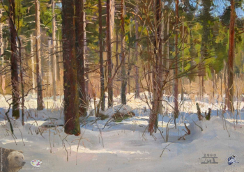 Лапин Игорь Витальевич. Зимний лес. Картон, масло. 24х33. 2000. Авторское собрание.
