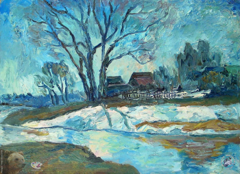 Петушков Анатолий Сергеевич. Голубая весна. Картон, масло. 50х70. 1984. Частное собрание.