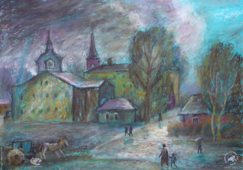 Петушков Анатолий Сергеевич. Дождливое лето. Ивантеевка. Бумага, масляная пастель. 50х60. 1996. Частное собрание