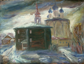 Петушков Анатолий Сергеевич. Зима тревоги нашей. Горицкий монастырь. Оргалит, масло. 60х80. 1990. Частное собрание.