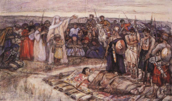 Суриков Василий Иванович. Эскиз на невыполненную работу `Княгиня Ольга встречает тело князя Игоря, убитого древлянами`. Бумага, гуашь, акварель, итальянский карандаш. 41х65. 1915. Государственный Русский музей.