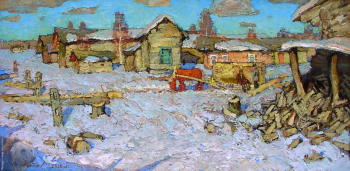 Пентюх Владимир Викторович. Весеннее Солнце в д.Кимже. Холст, масло. 49х100. 2000. Частное собрание.