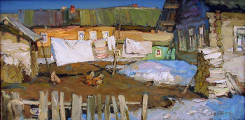 Пентюх Владимир Викторович. Во дворе. Холст, масло. 40,5х79. 2000. Частное собрание.