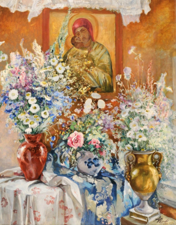 Арапов Анатолий Афанасьевич. Натюрморт с цветами и иконой. Холст, масло. 1949. Саратовский государственный художественный музей имени А.Н.Радищева.