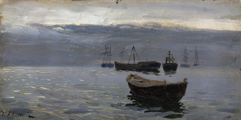 Левитан Исаак Ильич. На Волге. К вечеру. Картон, масло. 8,0х17. 1888. Государственная Третьяковская галерея.