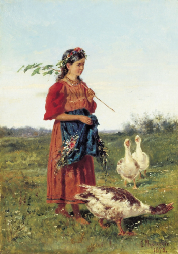 Маковский Владимир Егорович. Девочка с гусями. Холст, масло. 39х27. 1875. Нижнетагильский муниципальный музей изобразительных искусств.