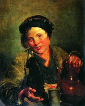 Маковский Владимир Егорович. Мальчик, продающий квас. Холст, масло. 69х56. 1861. Государственная Третьяковская галерея.