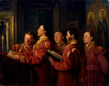 Маковский Владимир Егорович. Певчие на клиросе. Холст, масло. 70х89. 1870. Севастопольский художественный музей имени М.П.Крошицкого.