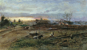 Маковская Александра Егоровна. Деревенский пожар. Холст, масло. 27х47. Переславль-Залесский государственный историко-архитектурный и художественный музей-заповедник.