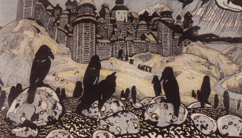 Рерих Николай Константинович. Зловещие. Бумага на картоне, тушь, гуашь. 25х45. 1901. Государственная Третьяковская галерея.