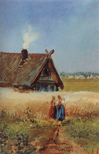 Саврасов Алексей Кондратьевич. Кутузовская изба в Филях. Этюд. Картон, масло. 16х10. 1860-е. Государственная Третьяковская галерея.