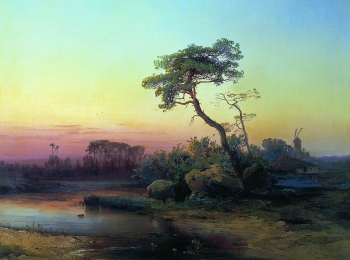 Саврасов Алексей Кондратьевич. Пейзаж с сосной. Холст, масло. 60х80. 1854. Госудаpственный Владимиpо-Суздальский истоpико-аpхитектуpный и художественный музей-заповедник.