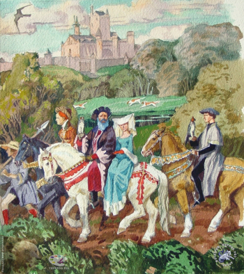 Иткин Анатолий Зиновьевич. Соколиная охота. Синяя борода. Бумага, акварель. 25,5х22,2. 1998. Московская государственная специализированная школа акварели Сергея Андрияки с музейно-выставочным комплексом.