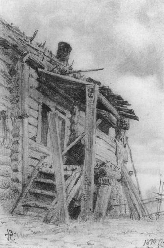Поленов Василий Дмитриевич. Крыльцо хаты. Бумага, карандаш. 22х14. 1870. Государственный Русский музей.