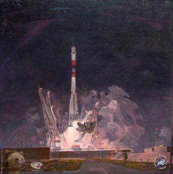 Авакимян Олег Арцвикович. Ночной старт. Холст, масло. 165х165. 1986. Студия военных художников имени М.Б.Грекова.